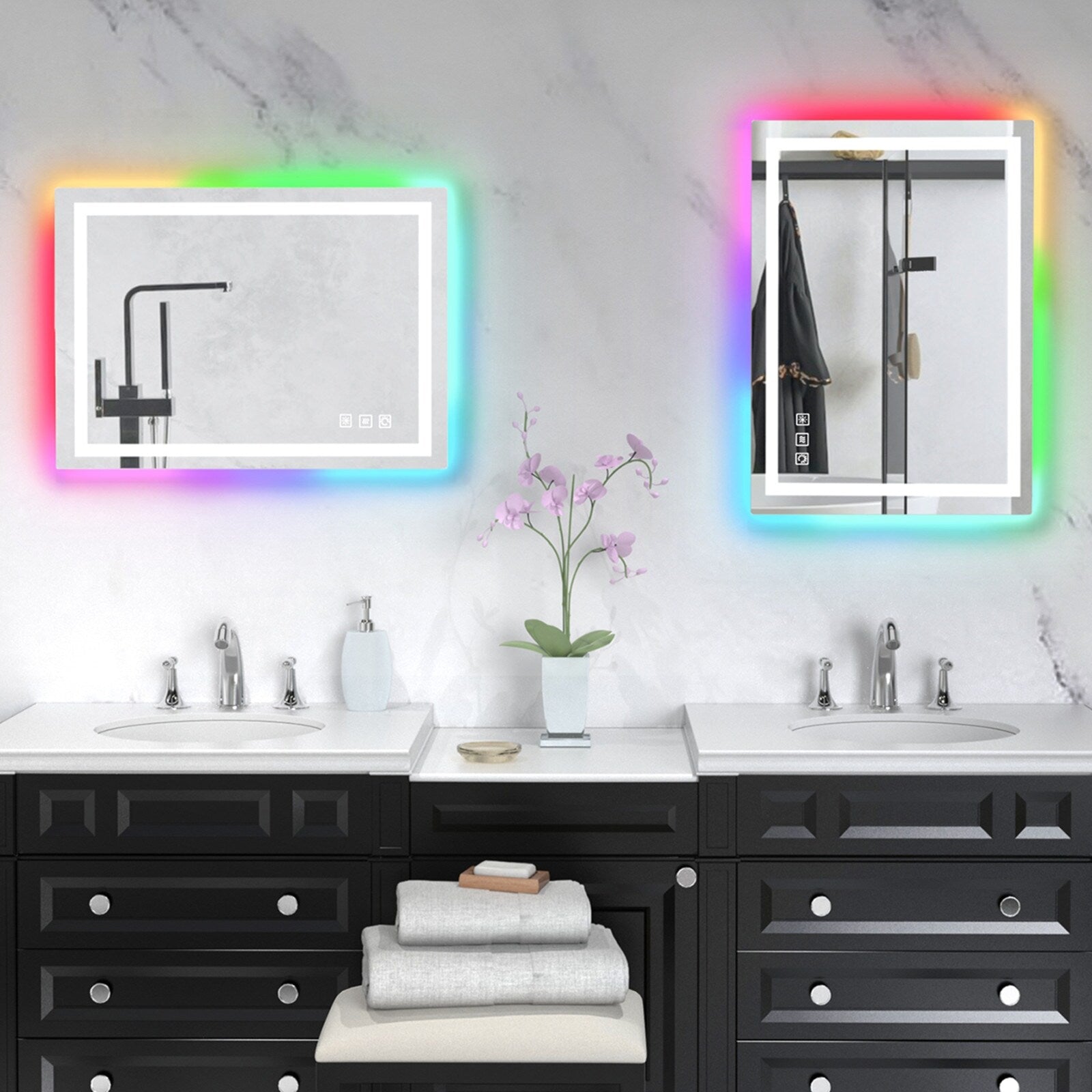 Miroir de salle de bain antibuée rétroéclairé RVB et LED frontale