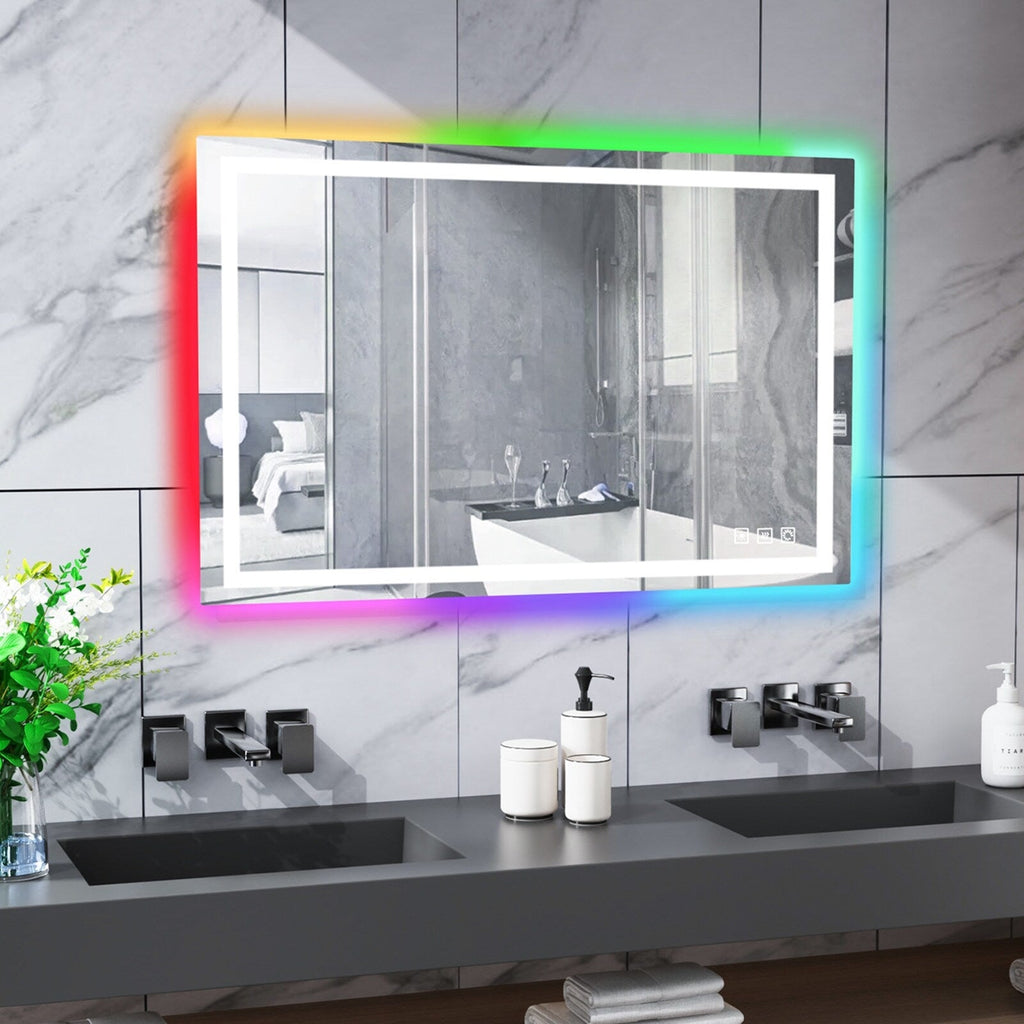 Miroir de salle de bain antibuée rétroéclairé RVB et LED frontale