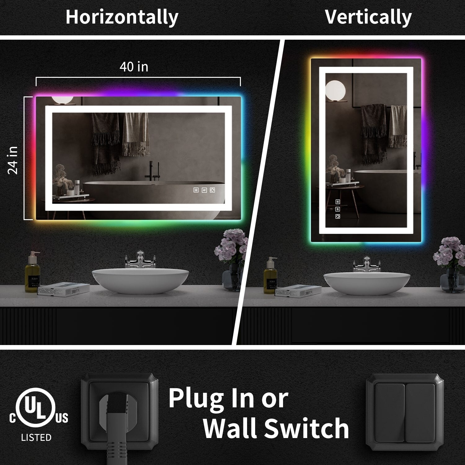 Miroir de salle de bain antibuée rétroéclairé RVB et LED frontale