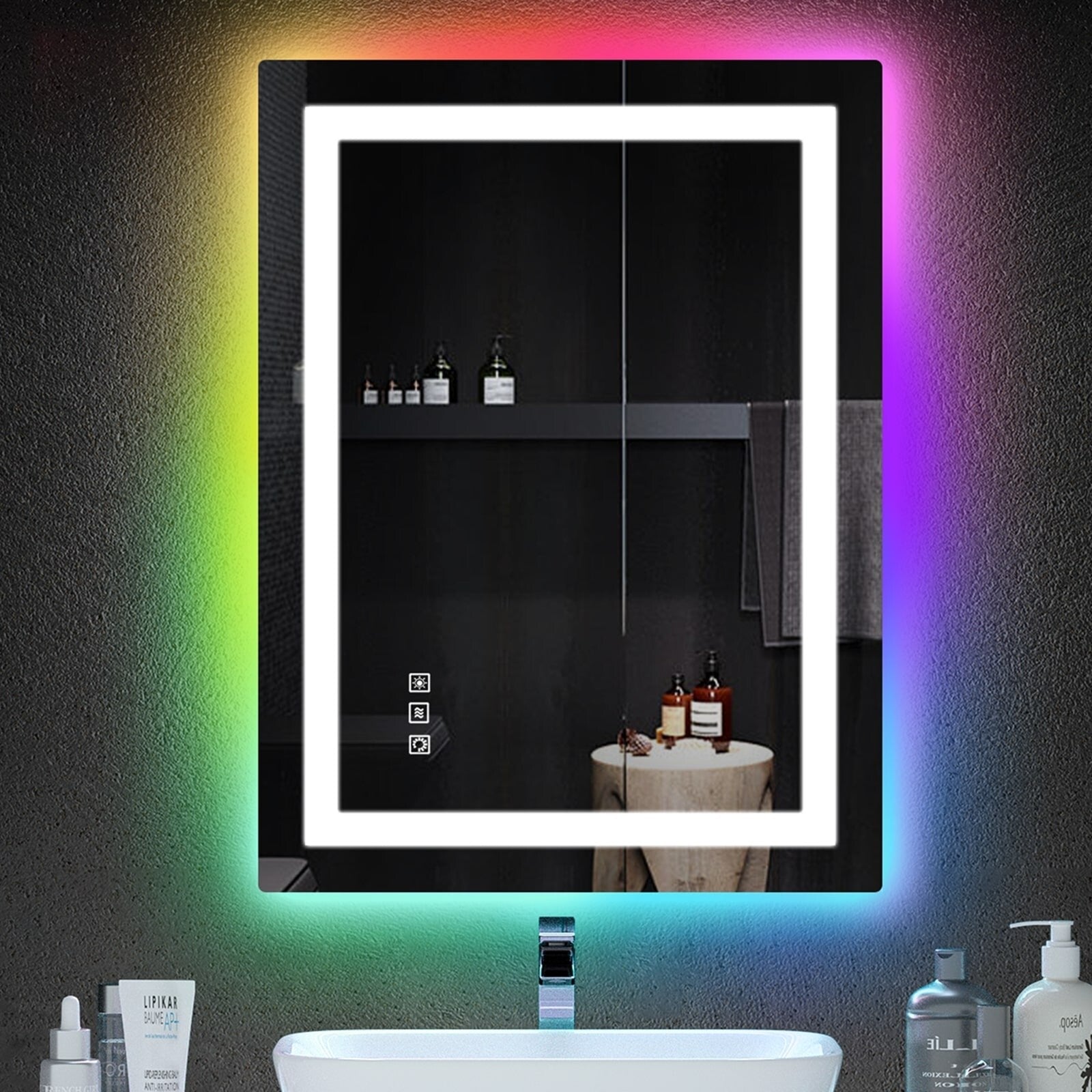 Miroir de salle de bain antibuée rétroéclairé RVB et LED frontale