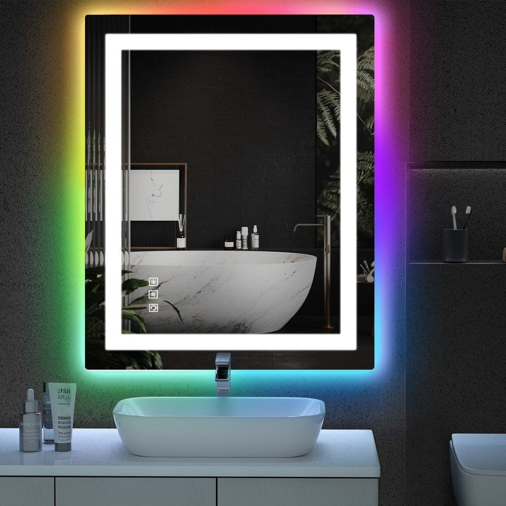 Miroir de salle de bain antibuée rétroéclairé RVB et LED frontale