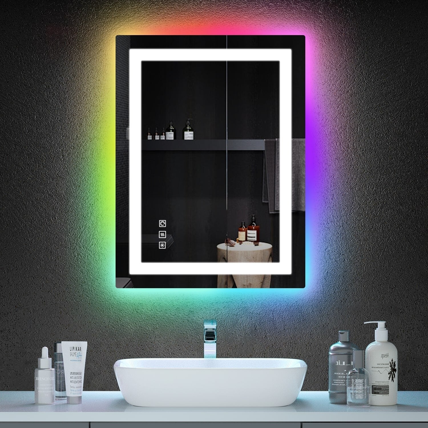 Miroir de salle de bain antibuée rétroéclairé RVB et LED frontale