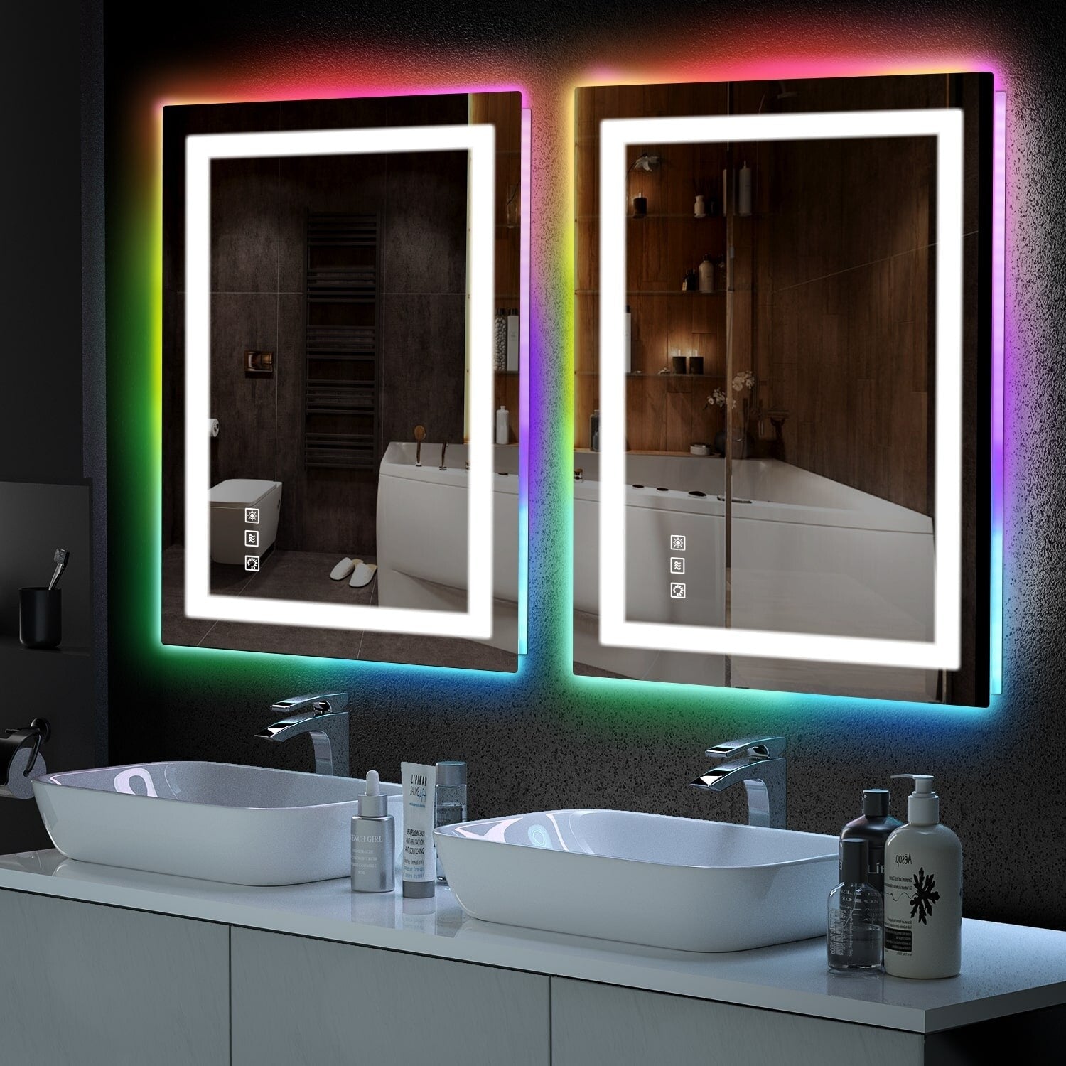 Miroir de salle de bain antibuée rétroéclairé RVB et LED frontale