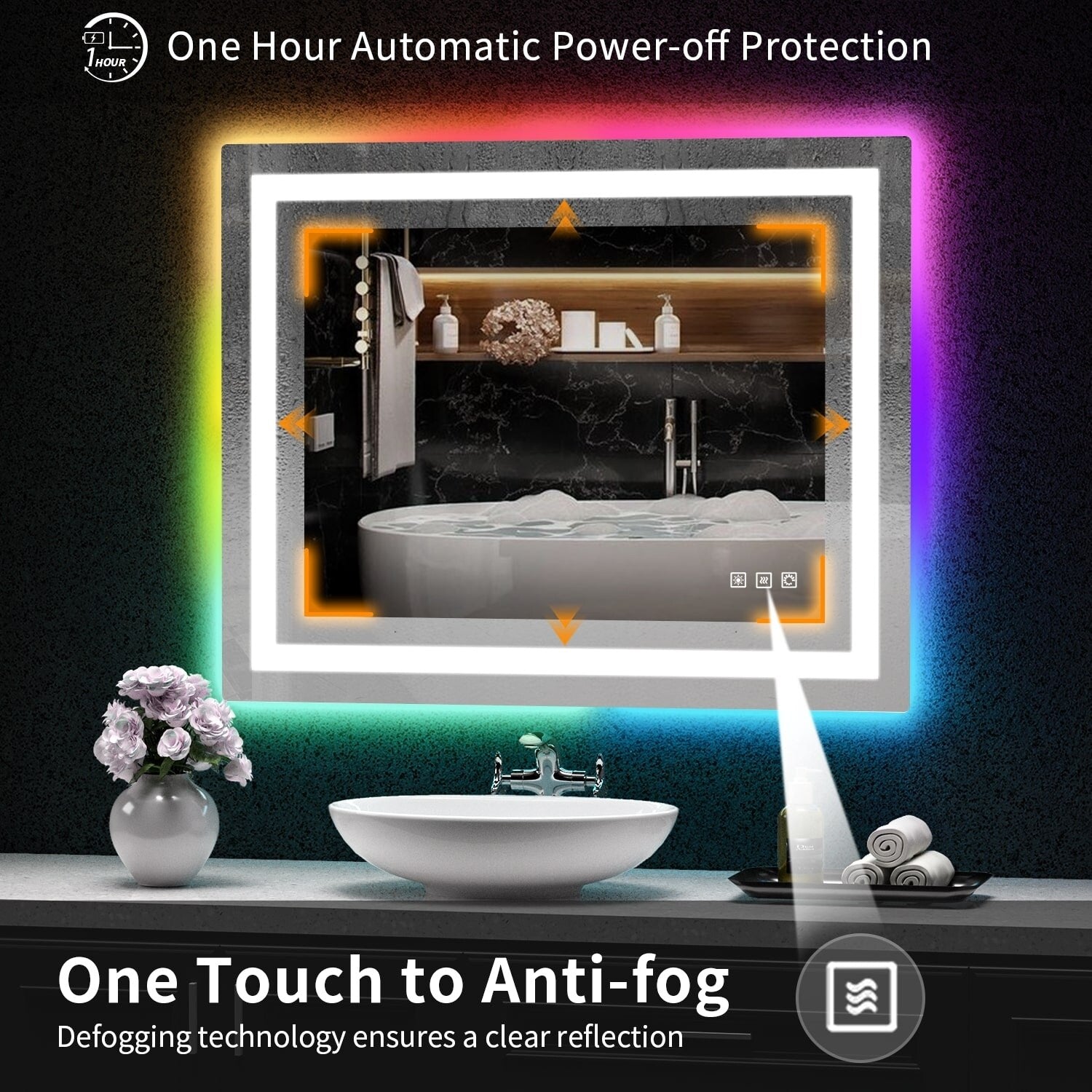 Miroir de salle de bain antibuée rétroéclairé RVB et LED frontale