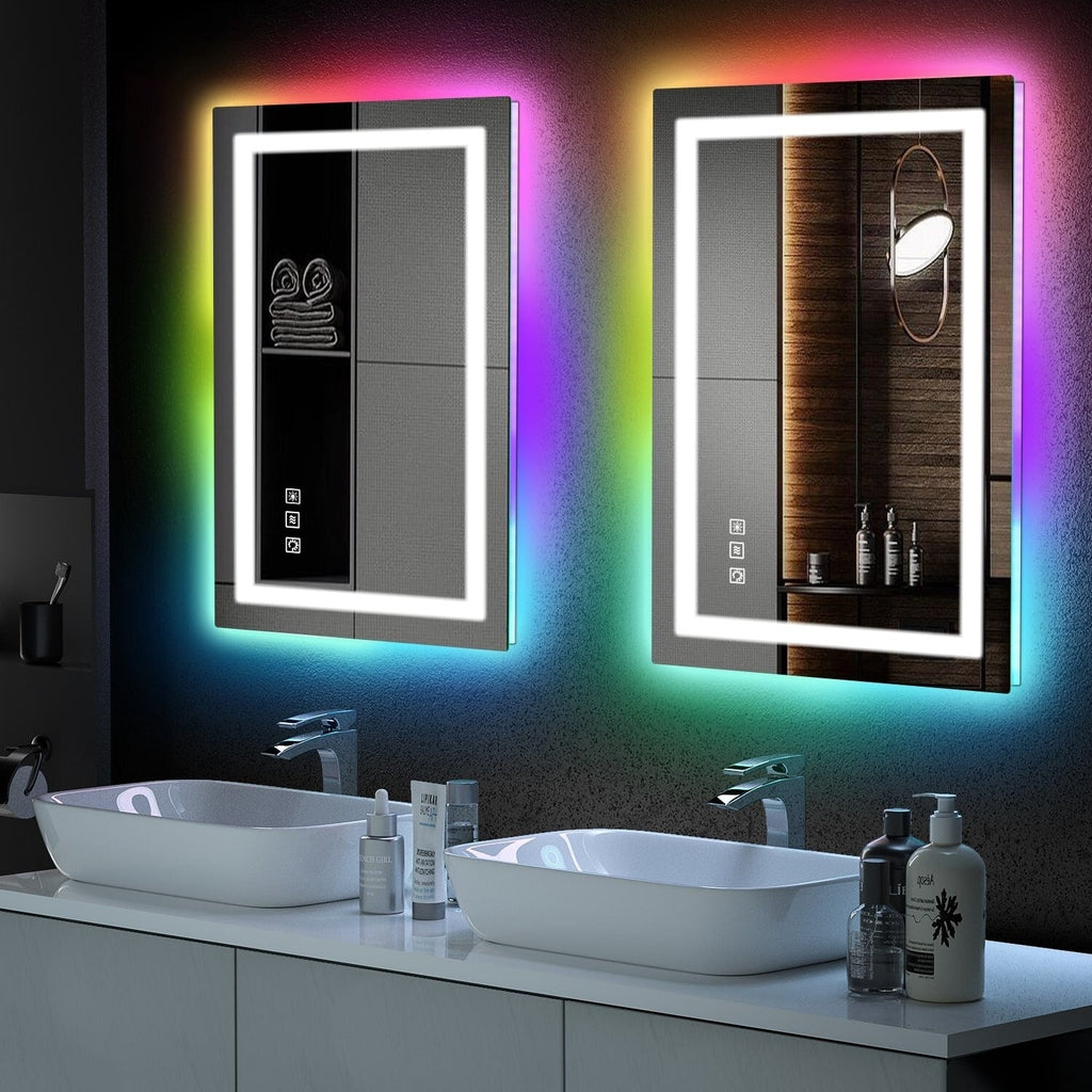 Miroir de salle de bain antibuée rétroéclairé RVB et LED frontale