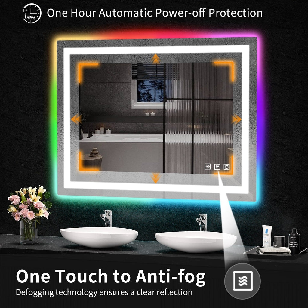 Miroir de salle de bain antibuée rétroéclairé RVB et LED frontale