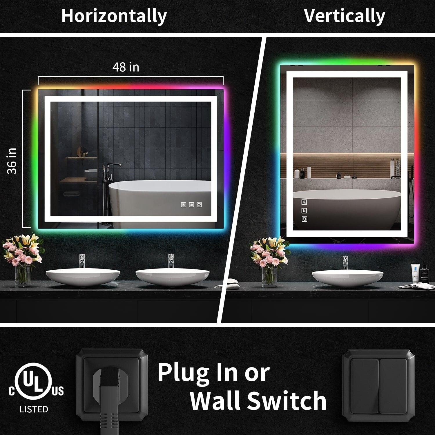 Miroir de salle de bain antibuée rétroéclairé RVB et LED frontale