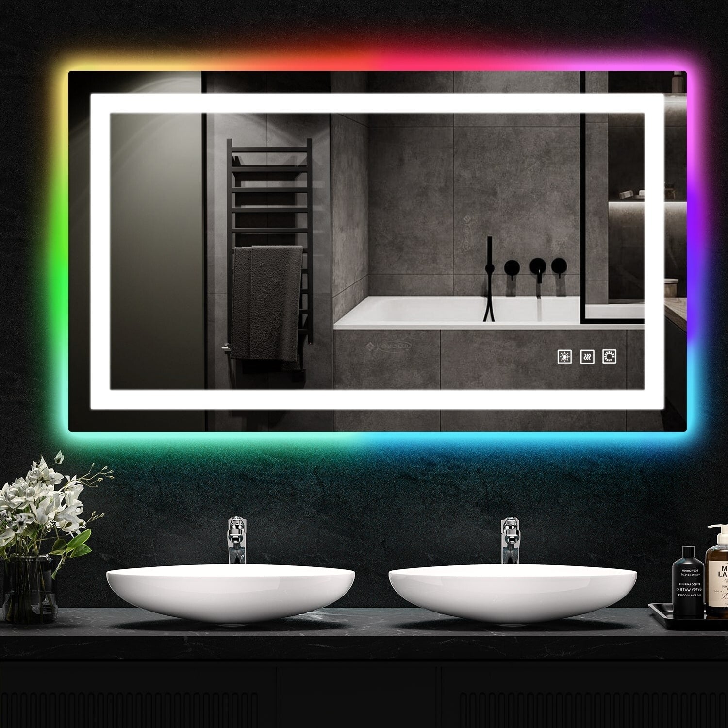 Miroir de salle de bain antibuée rétroéclairé RVB et LED frontale