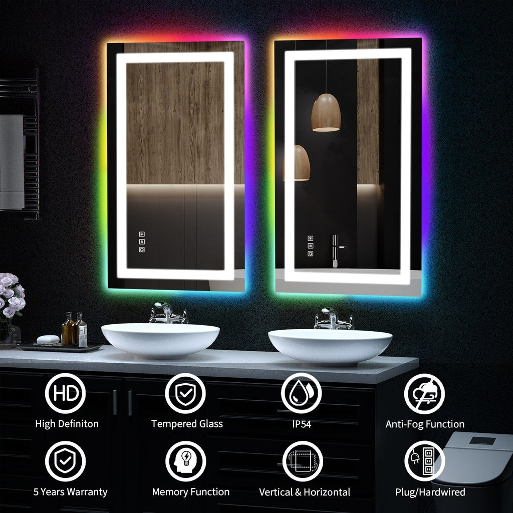 Miroir de salle de bain antibuée rétroéclairé RVB et LED frontale