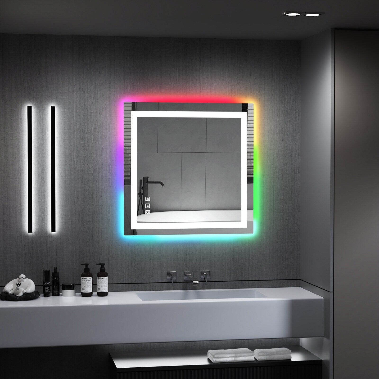 Miroir de salle de bain antibuée rétroéclairé RVB et LED frontale