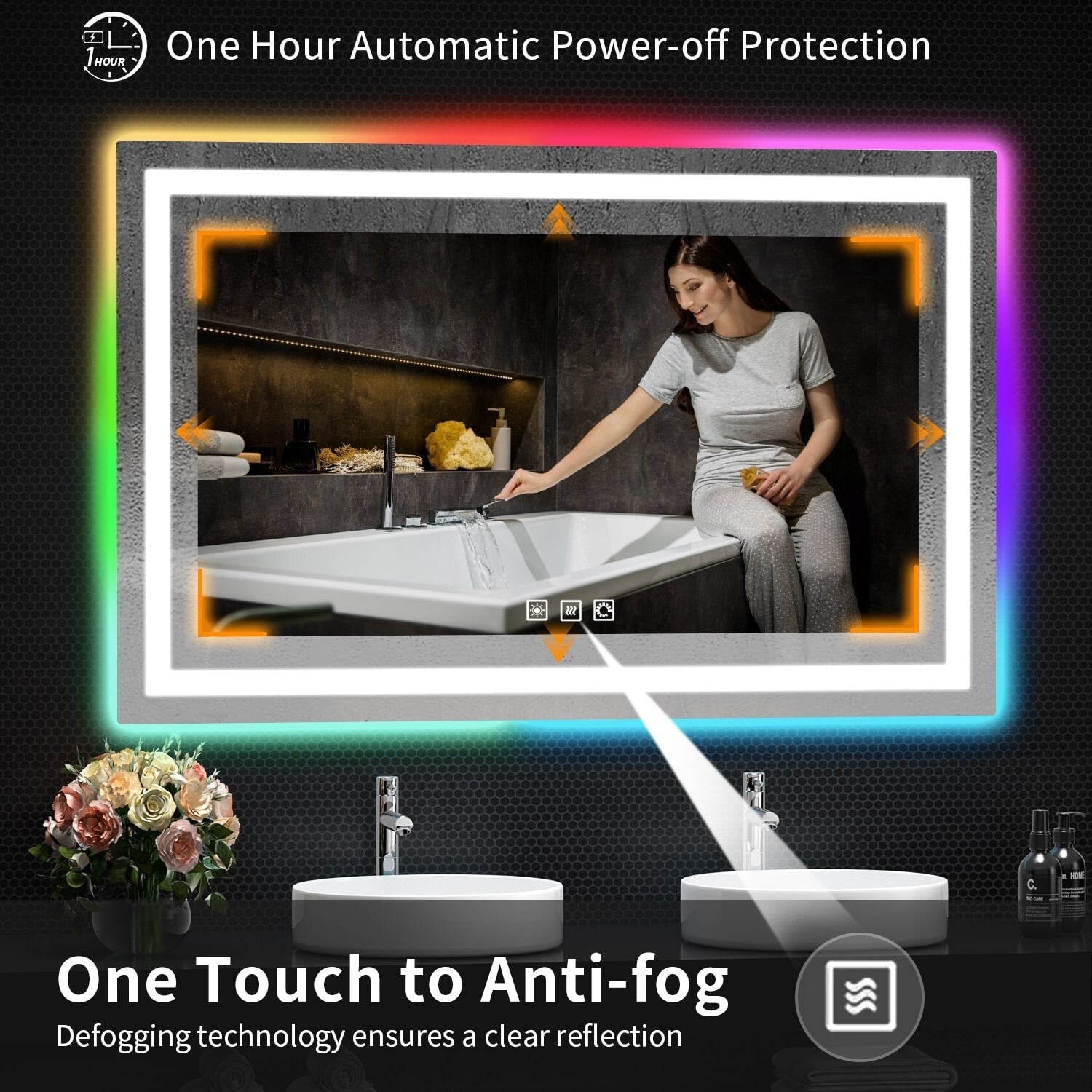 Miroir de salle de bain antibuée rétroéclairé RVB et LED frontale