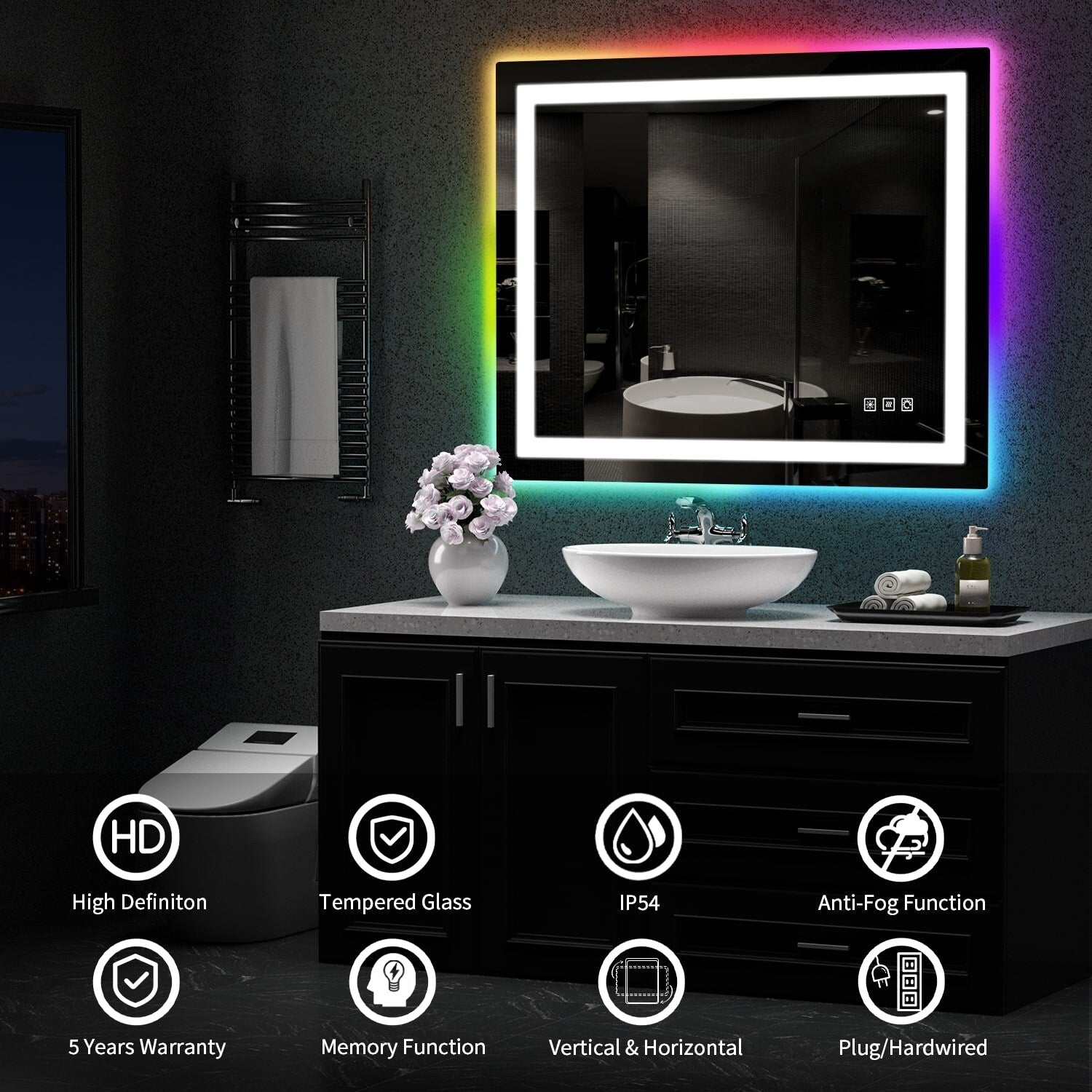 Miroir de salle de bain antibuée rétroéclairé RVB et LED frontale