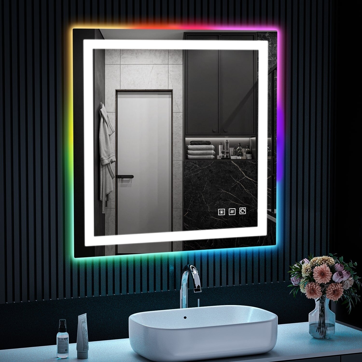Miroir de salle de bain antibuée rétroéclairé RVB et LED frontale
