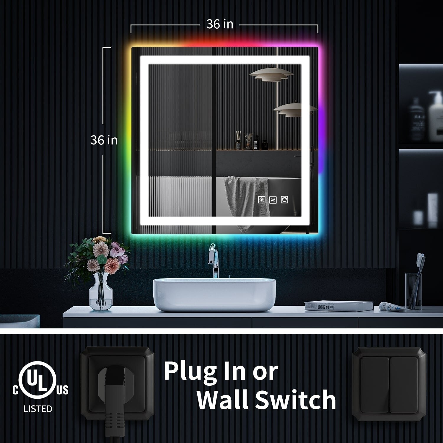 Miroir de salle de bain antibuée rétroéclairé RVB et LED frontale