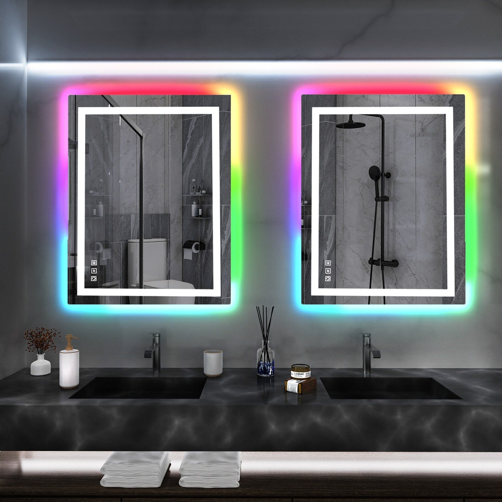Miroir de salle de bain antibuée rétroéclairé RVB et LED frontale