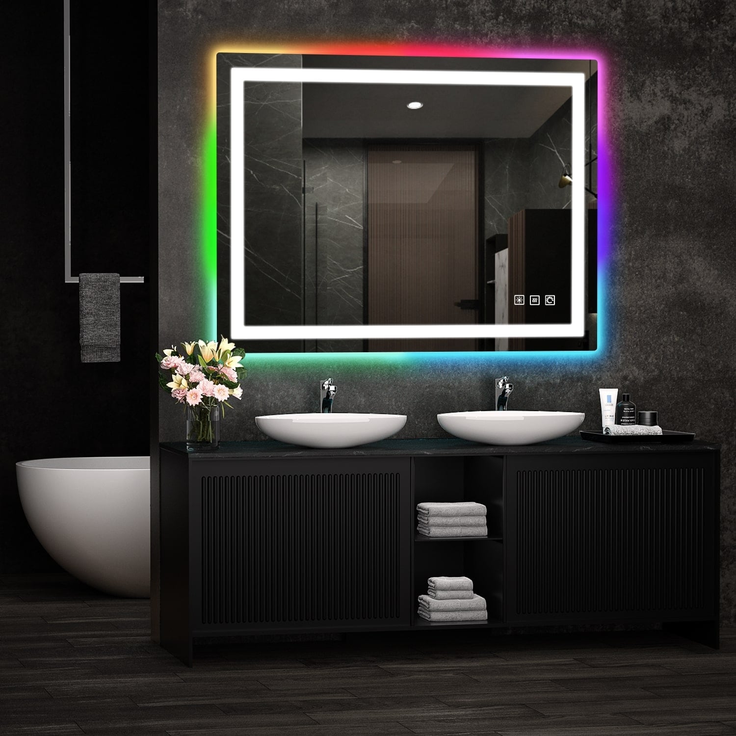 Miroir de salle de bain antibuée rétroéclairé RVB et LED frontale