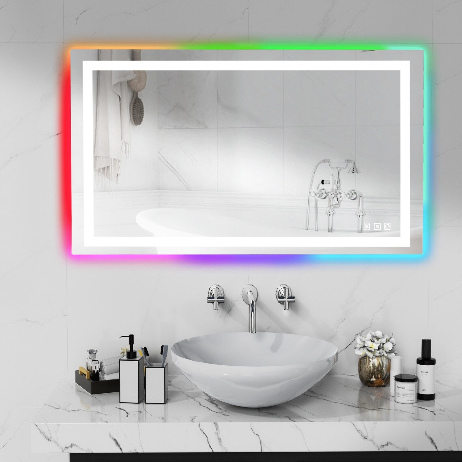 Miroir de salle de bain antibuée rétroéclairé RVB et LED frontale