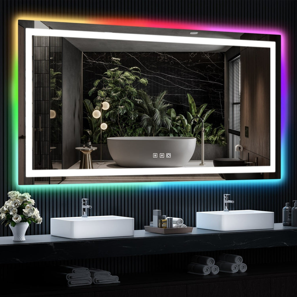 Miroir de salle de bain antibuée rétroéclairé RVB et LED frontale