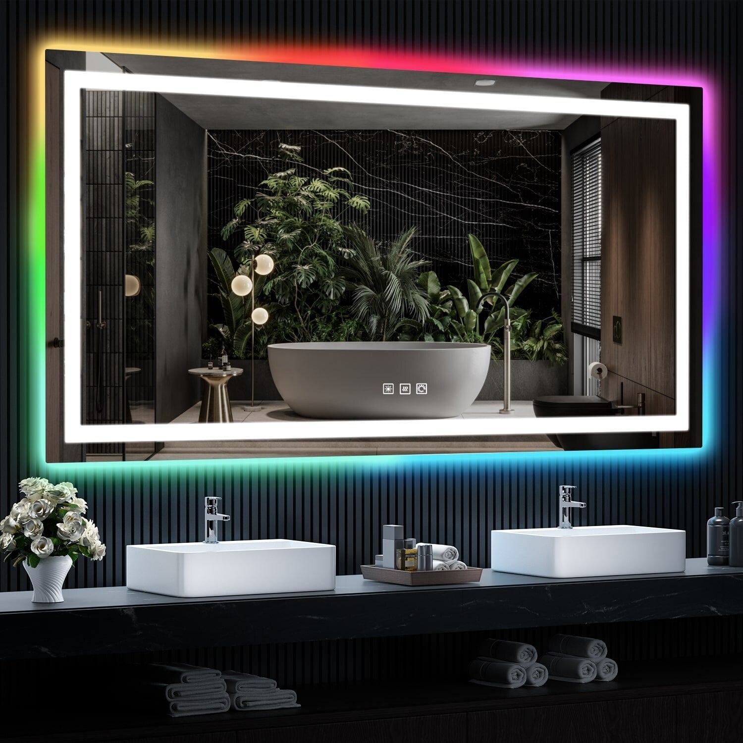 Miroir de salle de bain antibuée rétroéclairé RVB et LED frontale