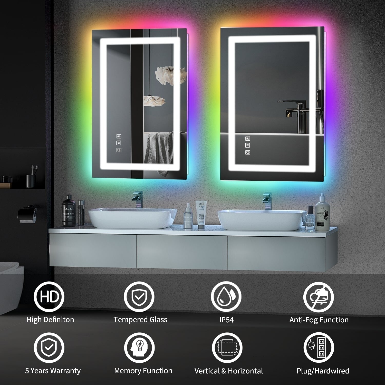 Miroir de salle de bain antibuée rétroéclairé RVB et LED frontale