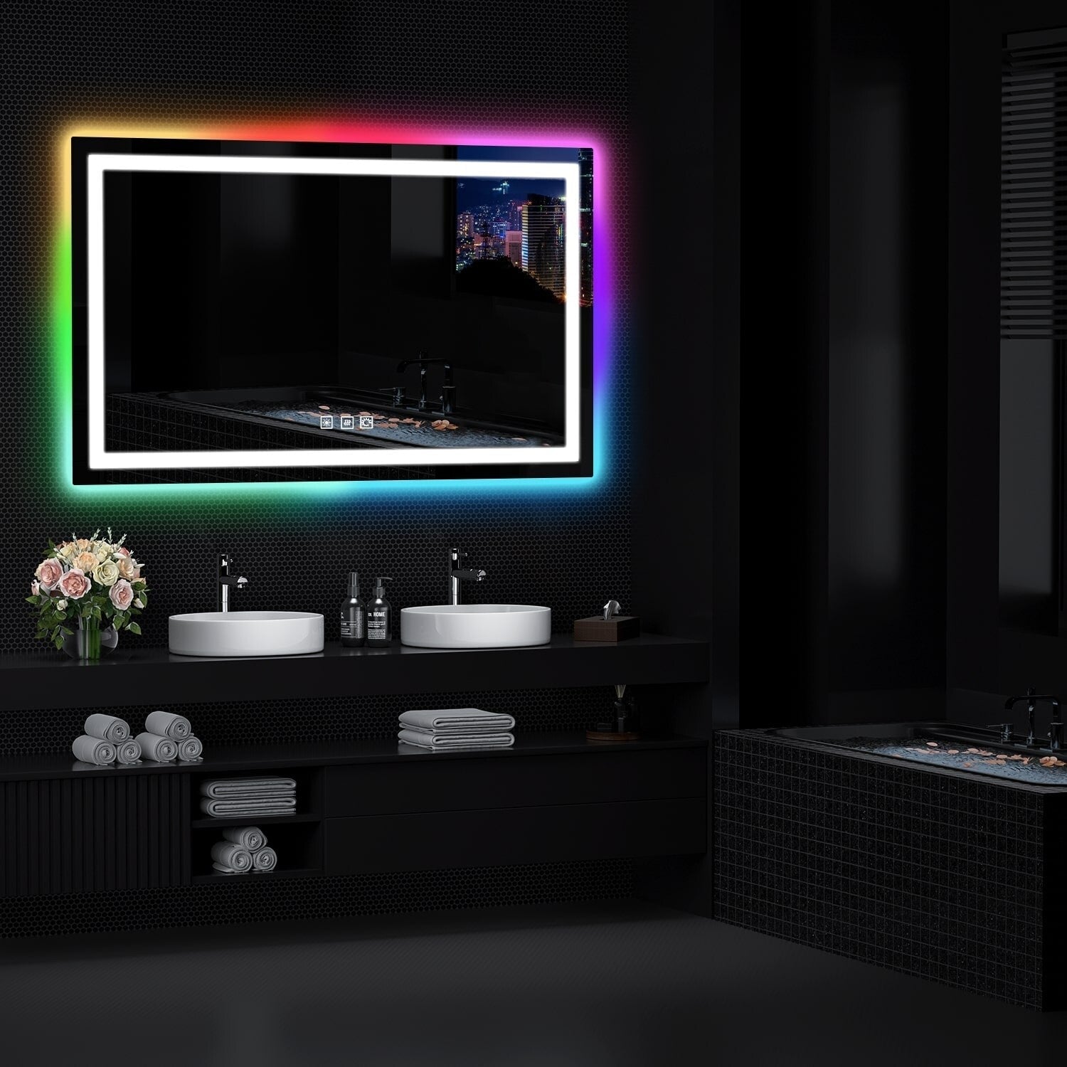 Miroir de salle de bain antibuée rétroéclairé RVB et LED frontale