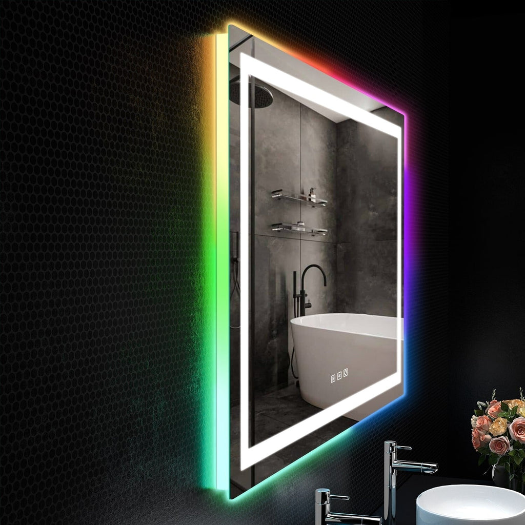 Miroir de salle de bain antibuée rétroéclairé RVB et LED frontale