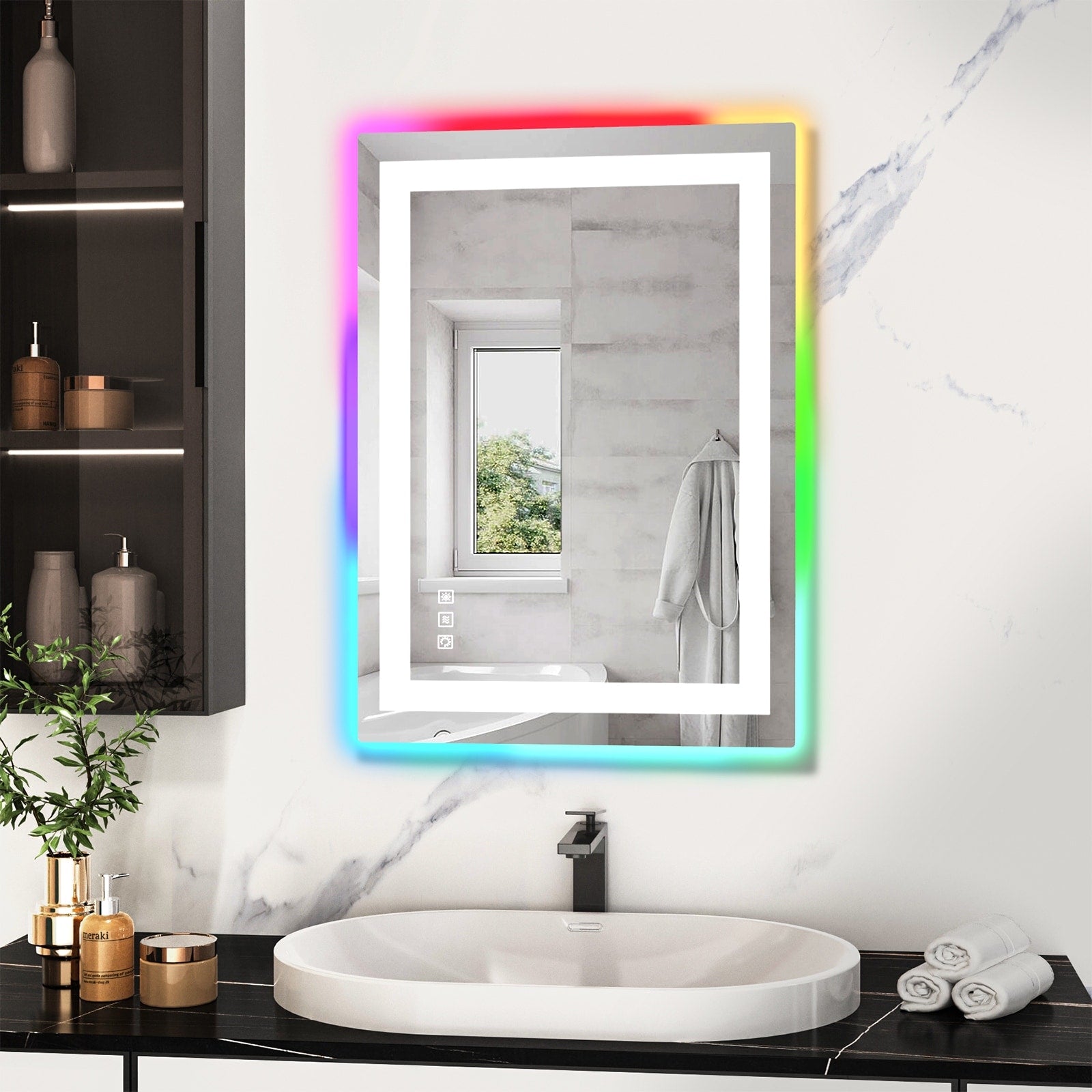Miroir de salle de bain antibuée rétroéclairé RVB et LED frontale