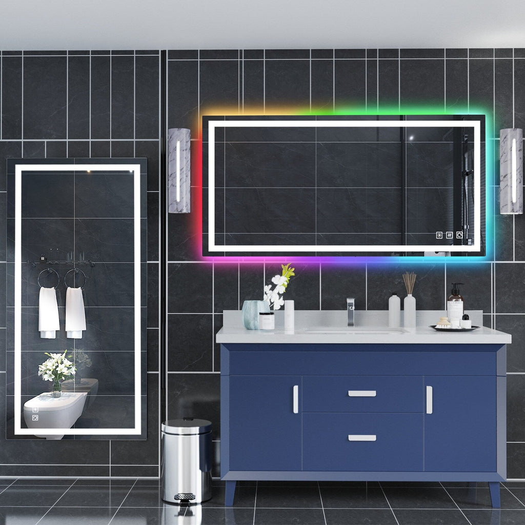Miroir de salle de bain antibuée rétroéclairé RVB et LED frontale