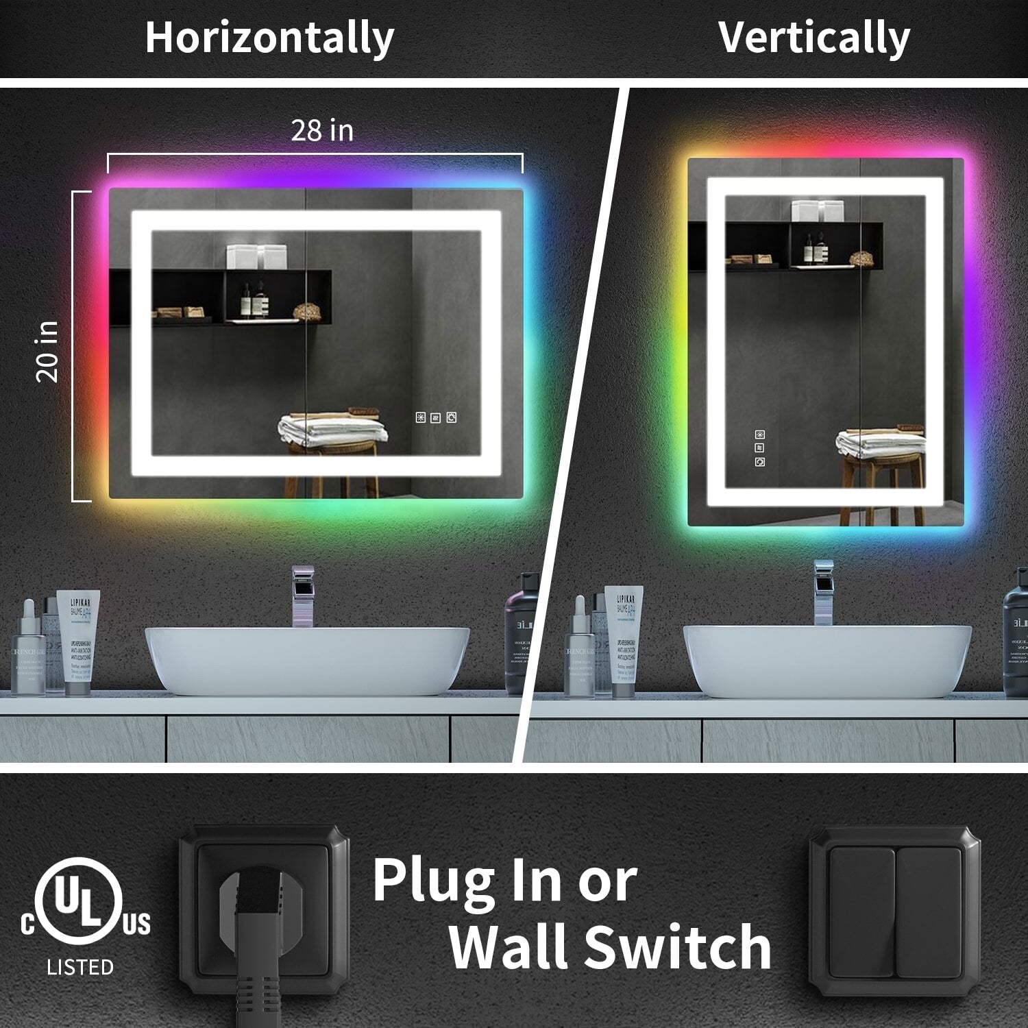 Miroir de salle de bain antibuée rétroéclairé RVB et LED frontale