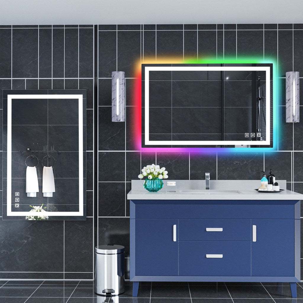 Miroir de salle de bain antibuée rétroéclairé RVB et LED frontale