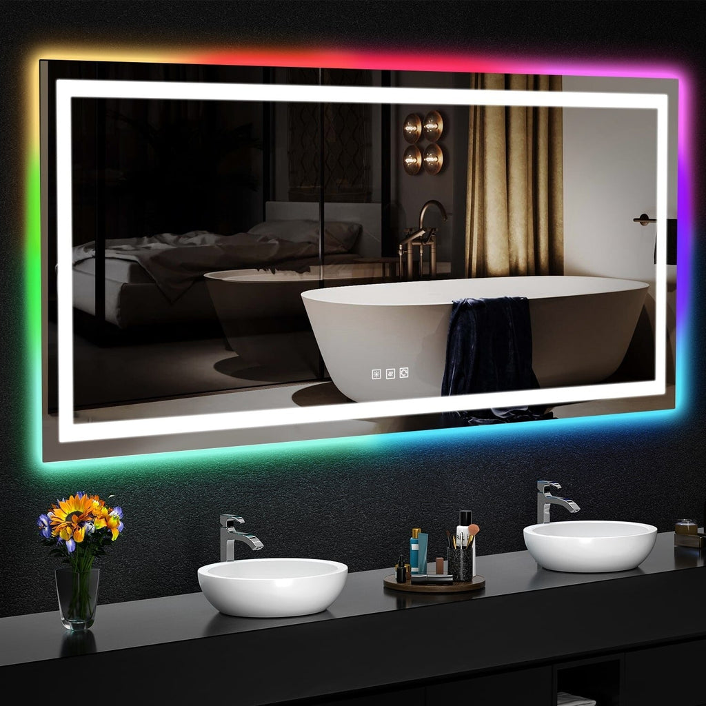 Miroir de salle de bain antibuée rétroéclairé RVB et LED frontale