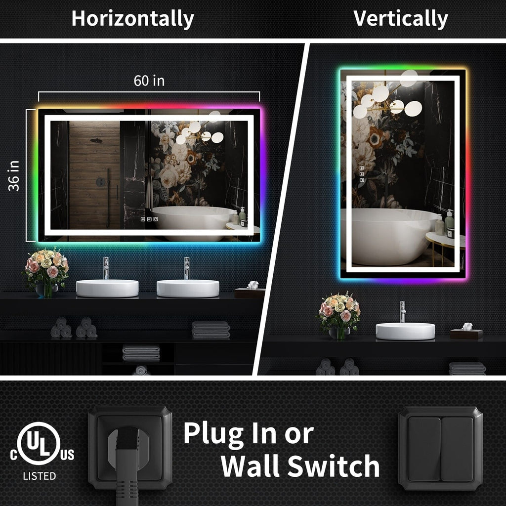 Miroir de salle de bain antibuée rétroéclairé RVB et LED frontale