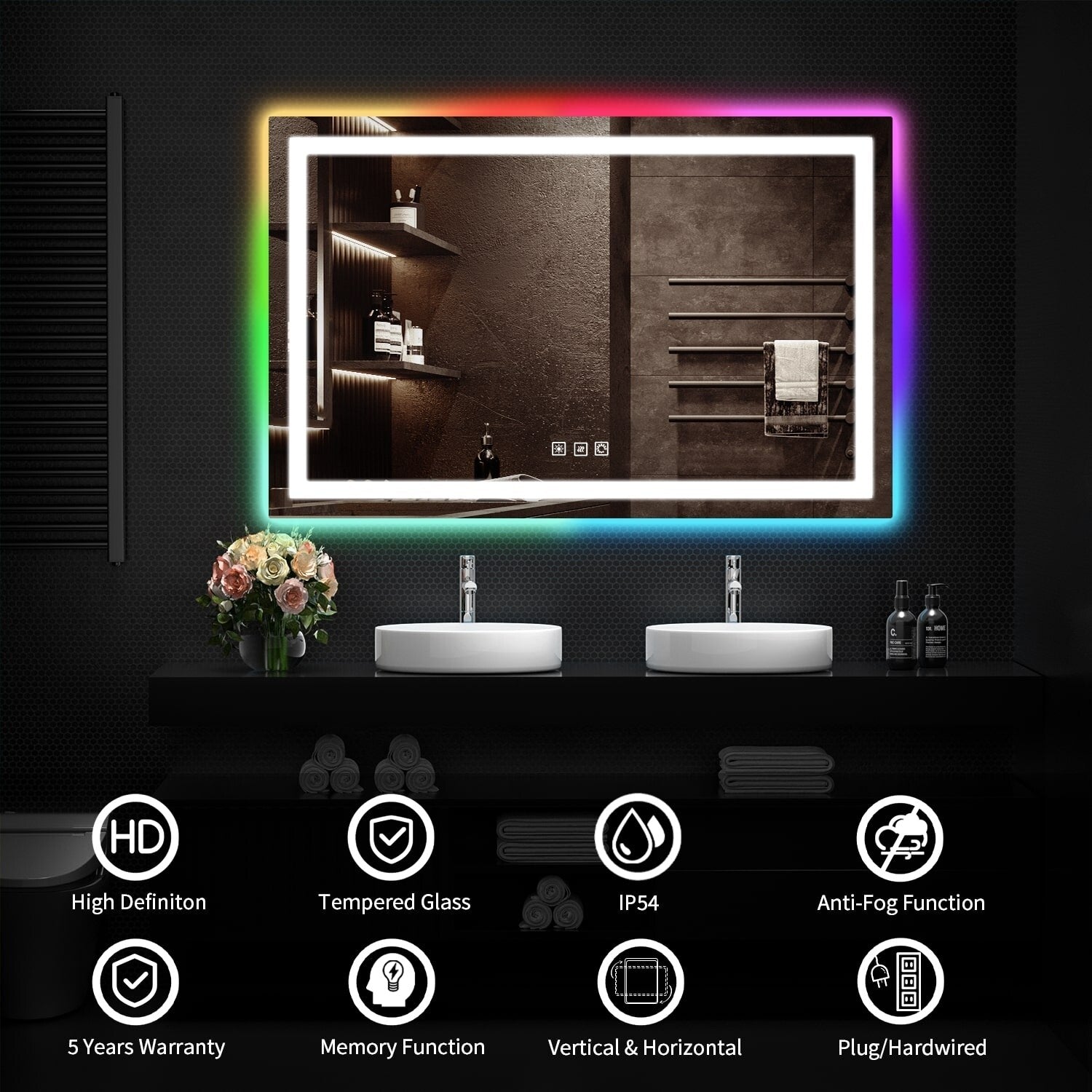 Miroir de salle de bain antibuée rétroéclairé RVB et LED frontale