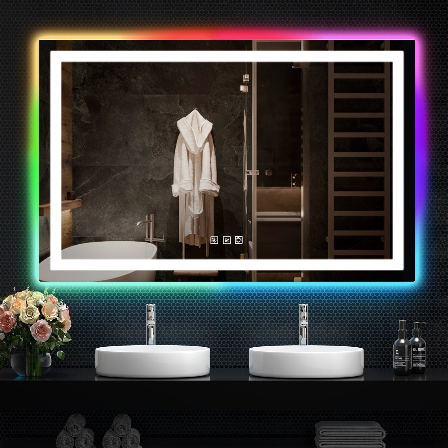 Miroir de salle de bain antibuée rétroéclairé RVB et LED frontale