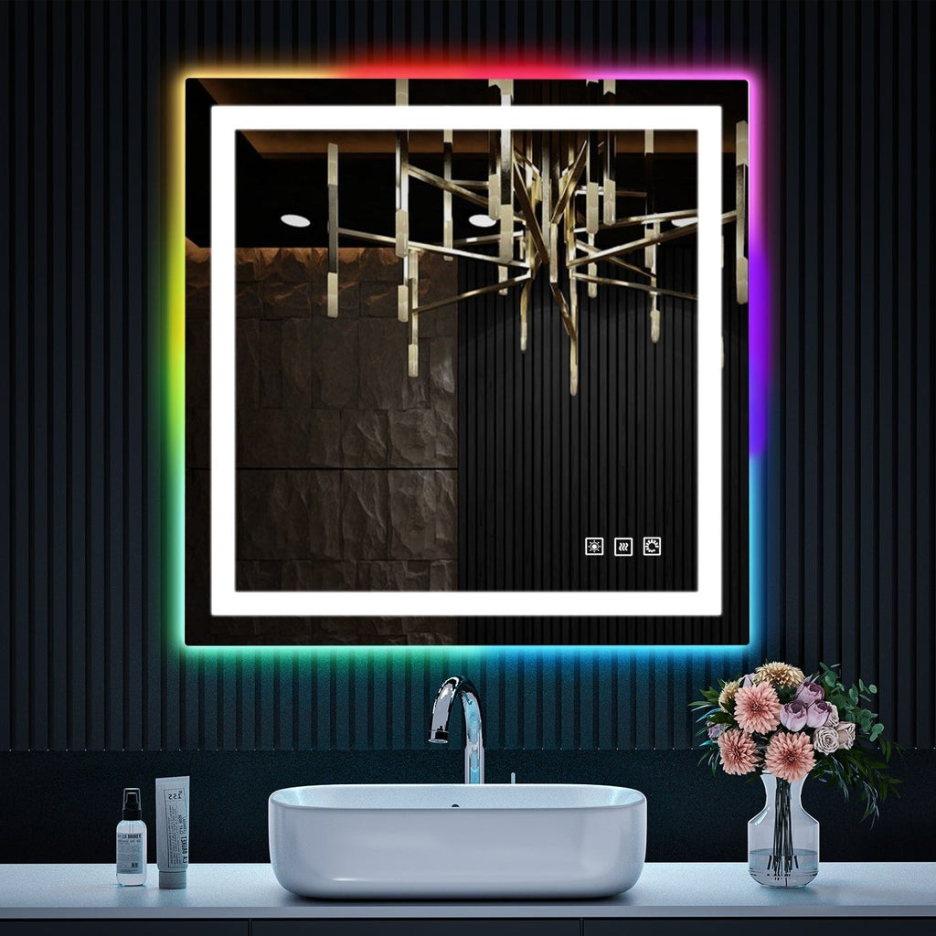 Miroir de salle de bain antibuée rétroéclairé RVB et LED frontale