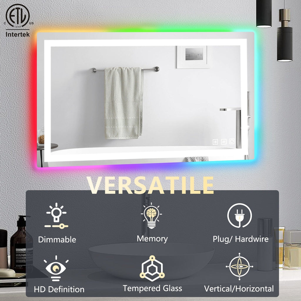 Miroir de salle de bain antibuée rétroéclairé RVB et LED frontale