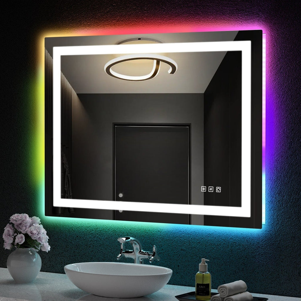 Miroir de salle de bain antibuée rétroéclairé RVB et LED frontale