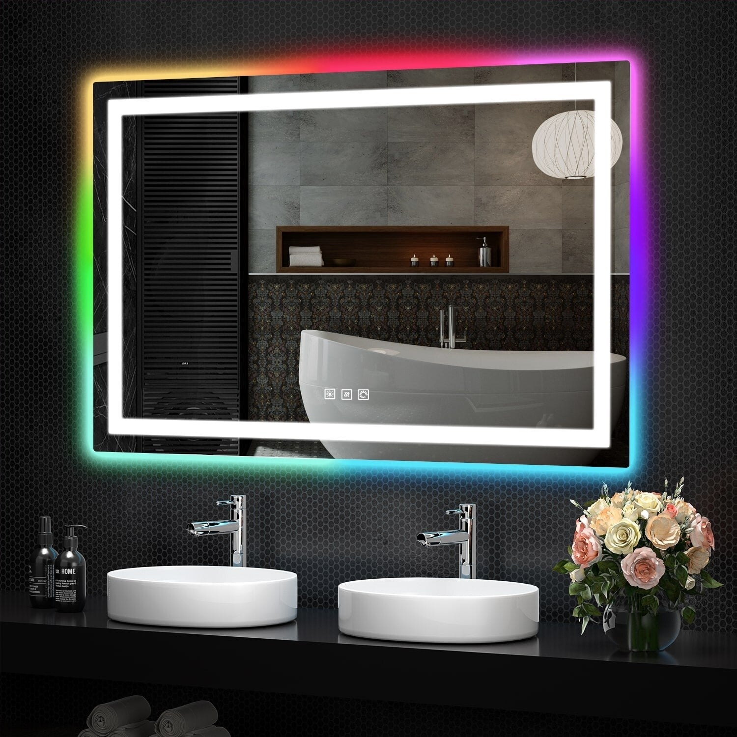 Miroir de salle de bain antibuée rétroéclairé RVB et LED frontale
