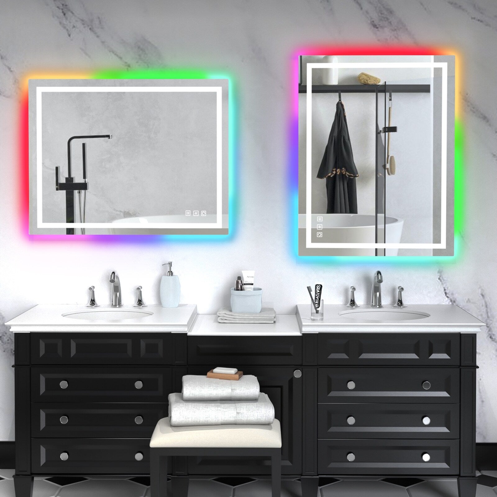 Miroir de salle de bain antibuée rétroéclairé RVB et LED frontale