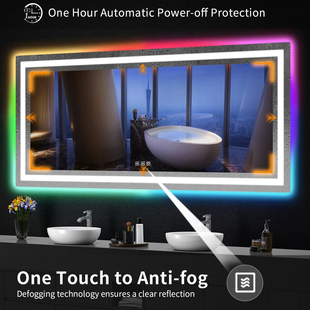 Miroir de salle de bain antibuée rétroéclairé RVB et LED frontale
