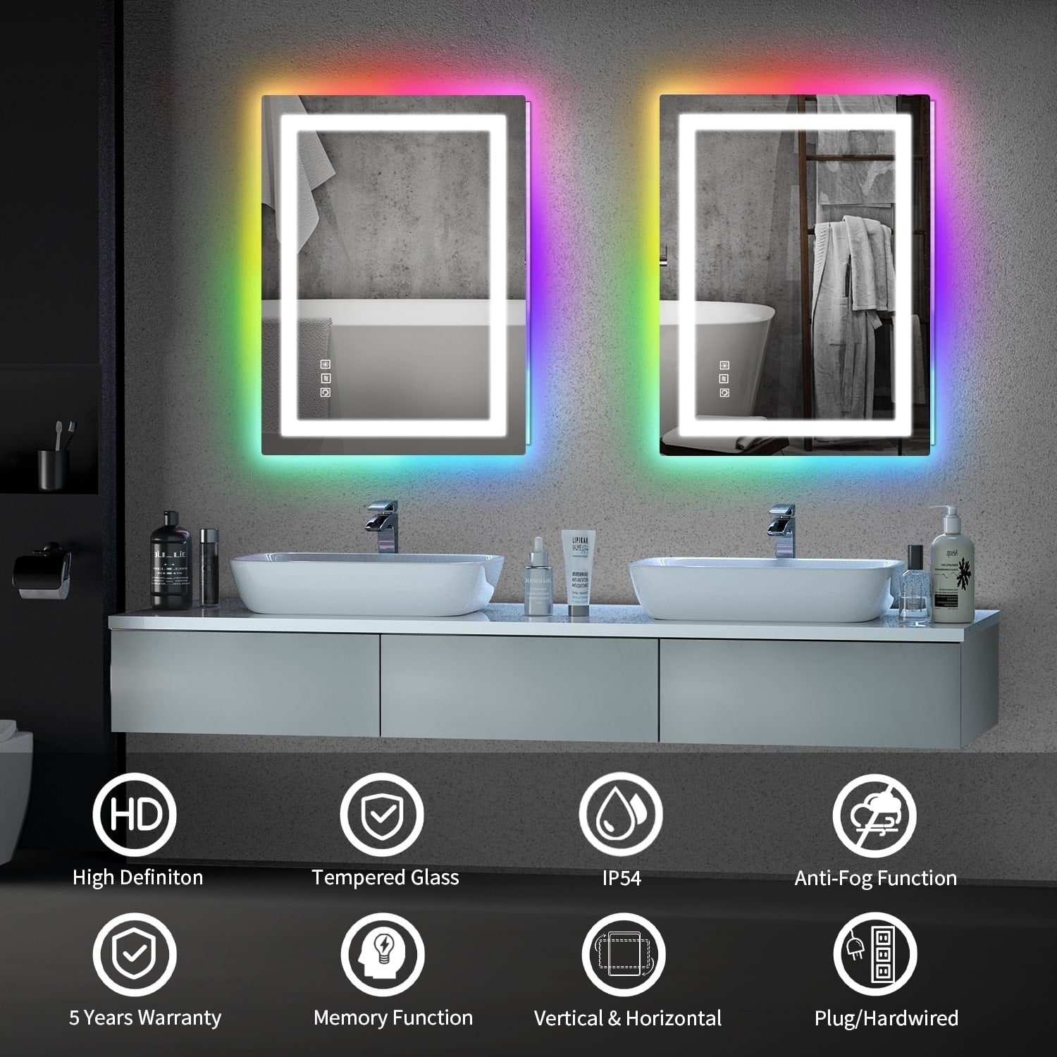 Miroir de salle de bain antibuée rétroéclairé RVB et LED frontale