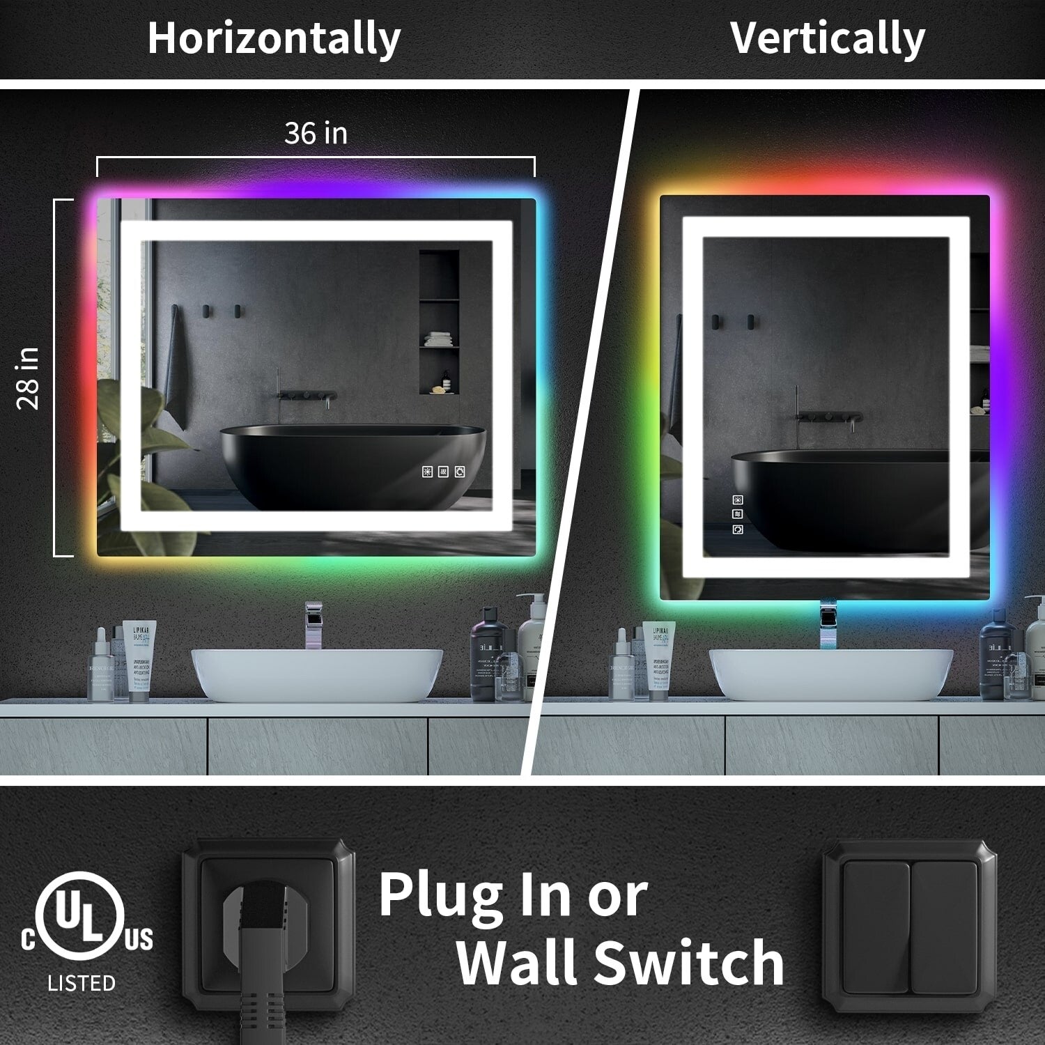Miroir de salle de bain antibuée rétroéclairé RVB et LED frontale