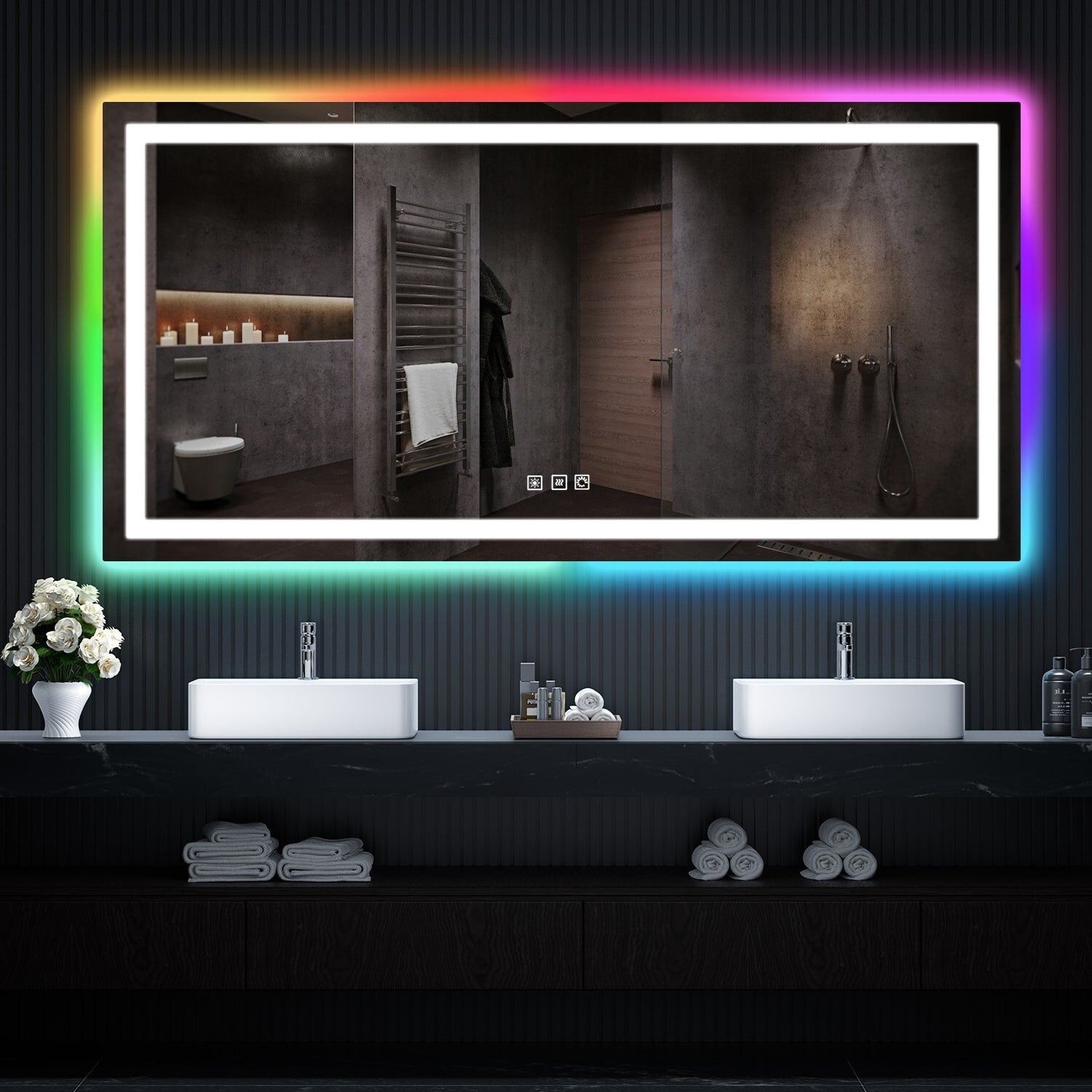 Miroir de salle de bain antibuée rétroéclairé RVB et LED frontale
