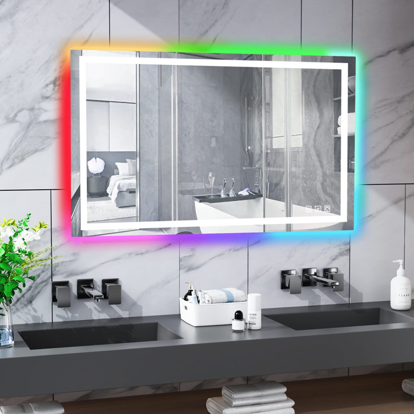 Miroir de salle de bain antibuée rétroéclairé RVB et LED frontale