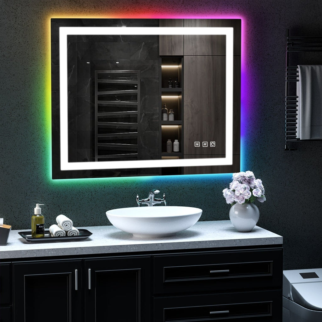Miroir de salle de bain antibuée rétroéclairé RVB et LED frontale