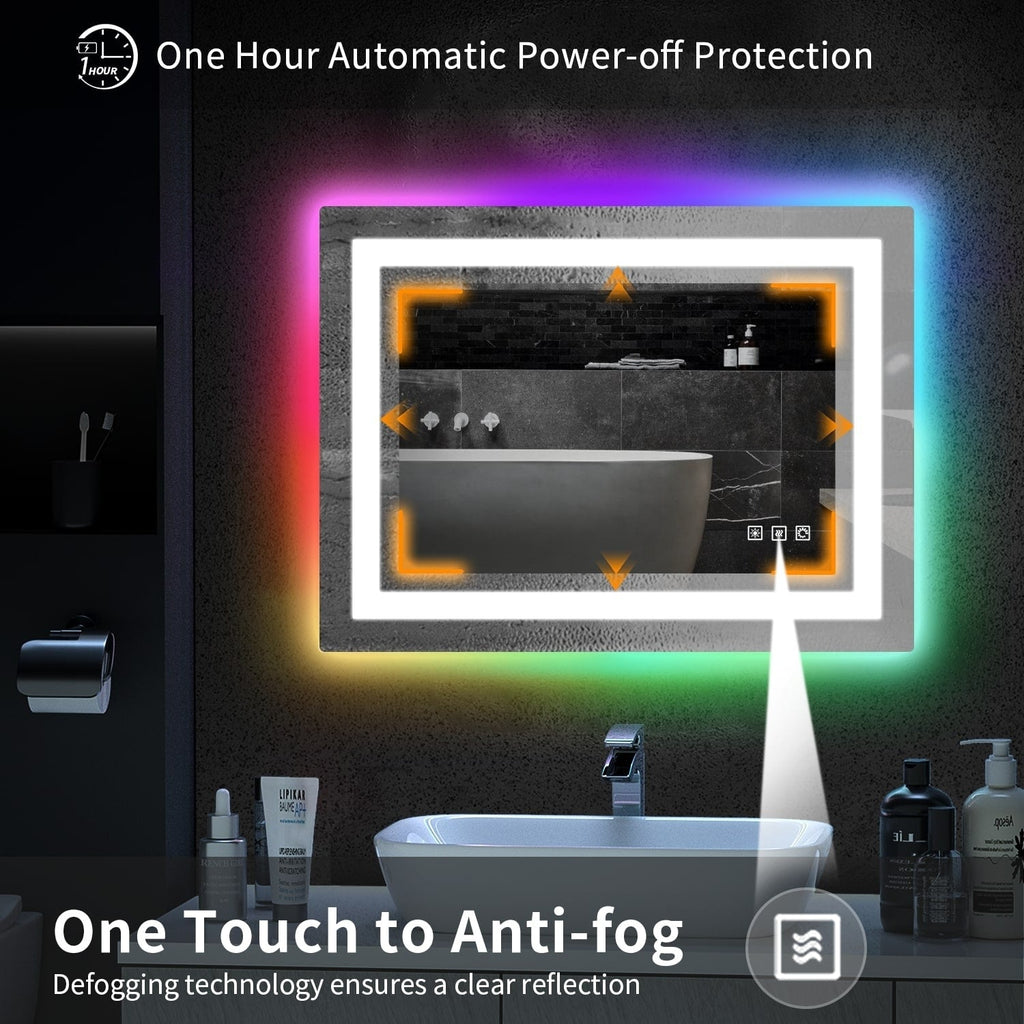 Miroir de salle de bain antibuée rétroéclairé RVB et LED frontale