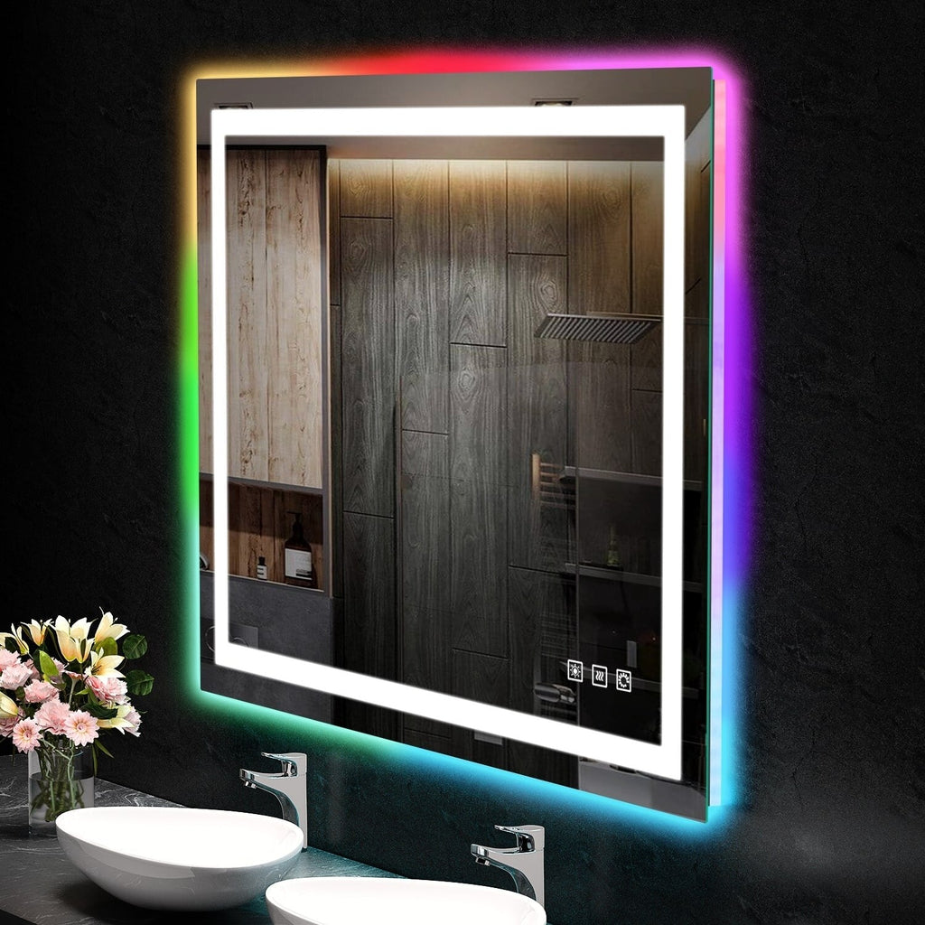 Miroir de salle de bain antibuée rétroéclairé RVB et LED frontale