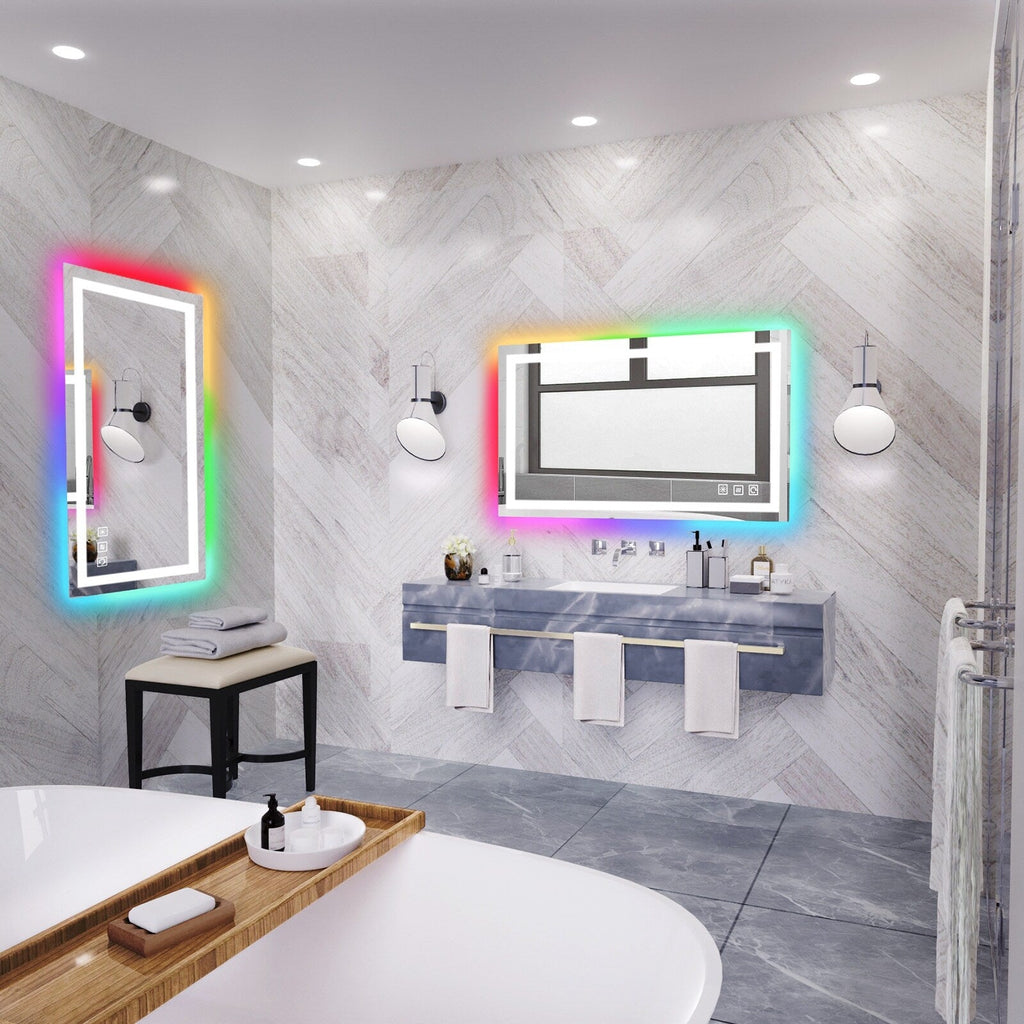Miroir de salle de bain antibuée rétroéclairé RVB et LED frontale