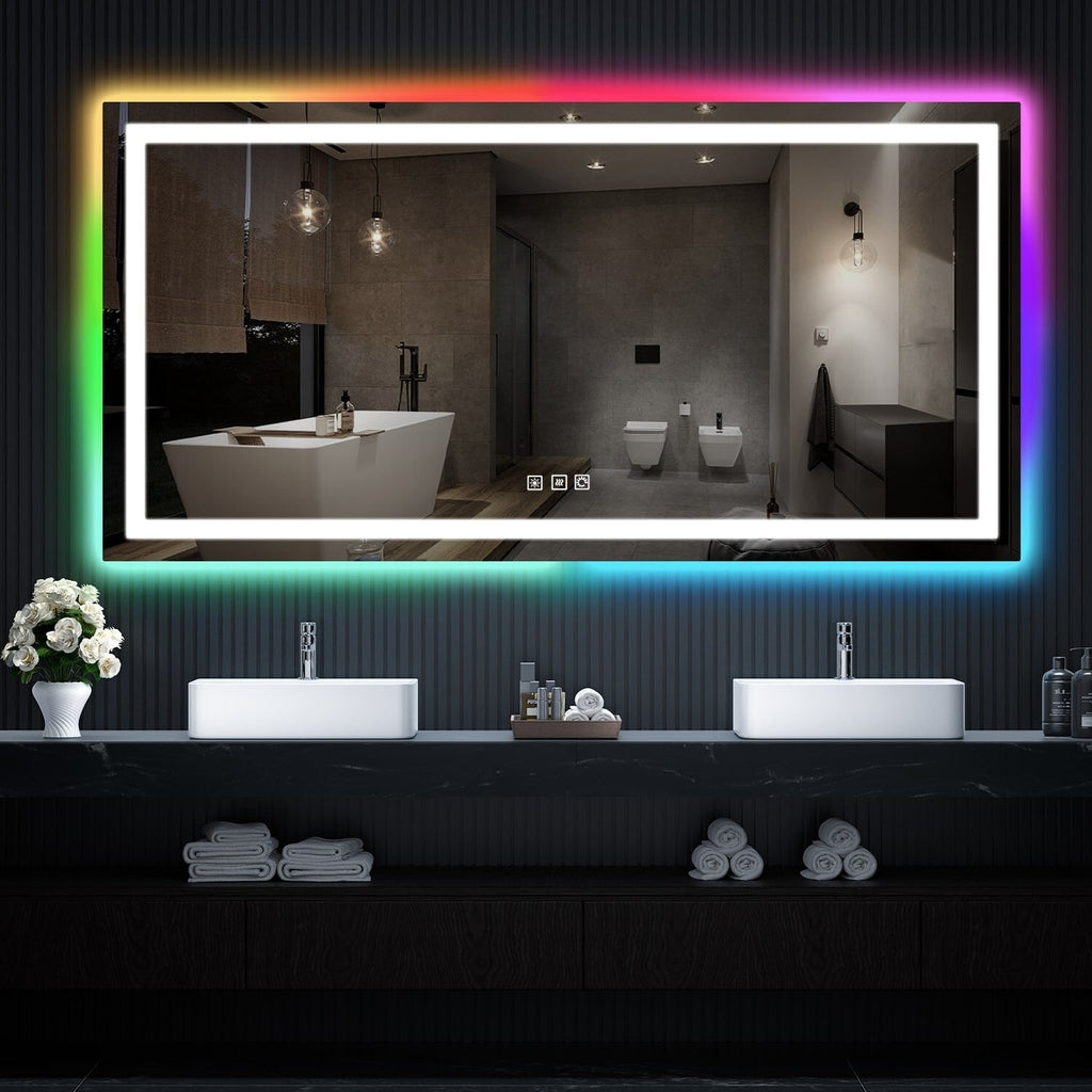 Miroir de salle de bain antibuée rétroéclairé RVB et LED frontale