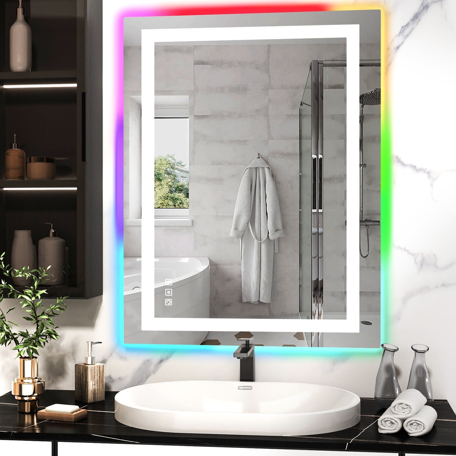 Miroir de salle de bain antibuée rétroéclairé RVB et LED frontale